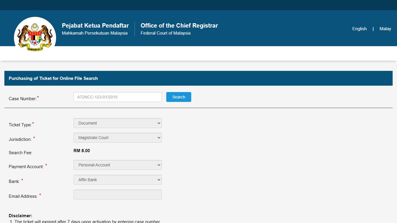 Purchasing of Ticket for Online File Search